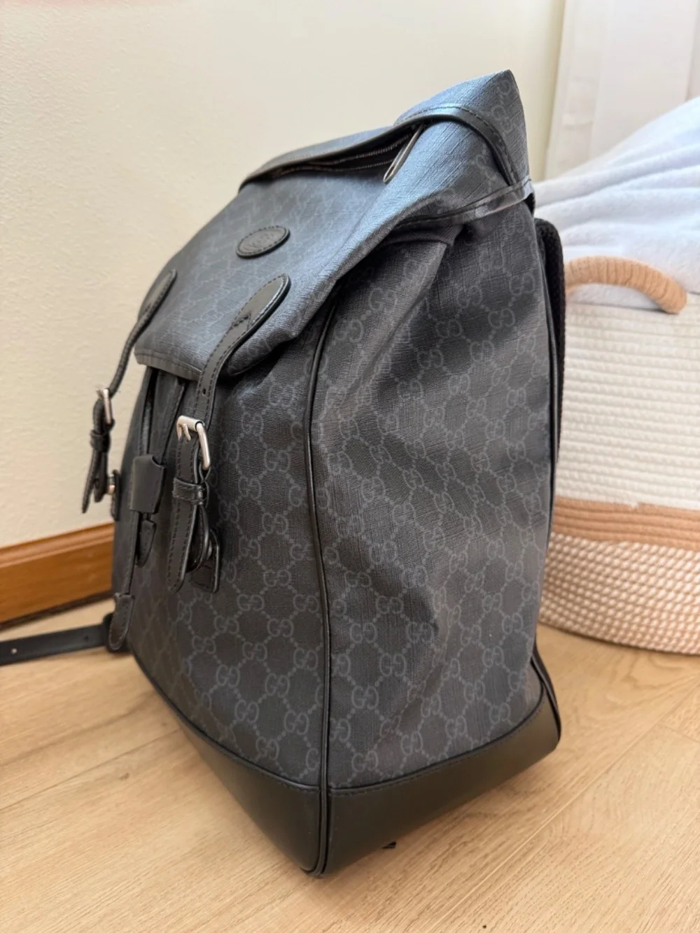 Gucci GG Supreme Black Canvas & Leather Double Buckle Backpack